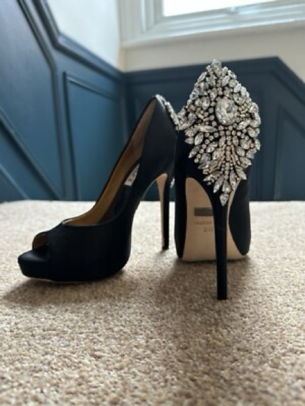 BADGLEY MISHKA Kiera Black Satin Peep-Toe Pumps w/ Crystal Embellishments
6.5